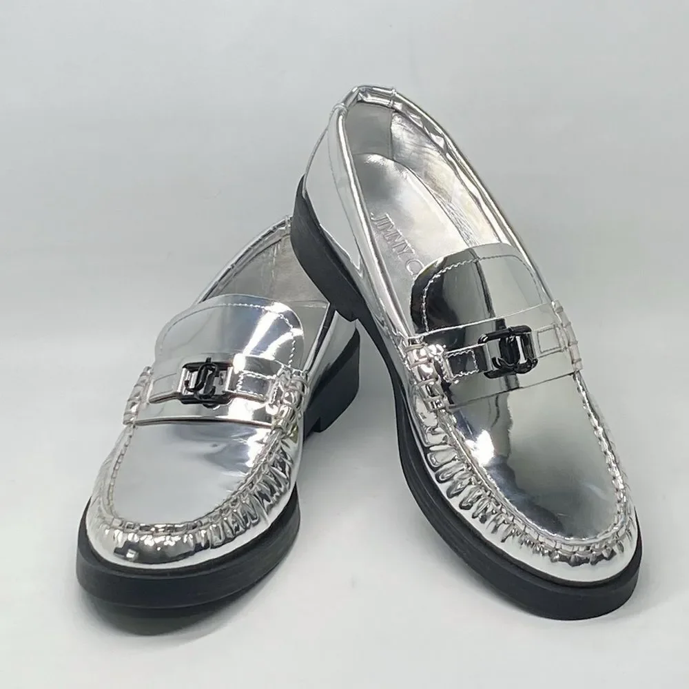 Jimmy Choo Addie JC Logo Metallic Loafer size 38